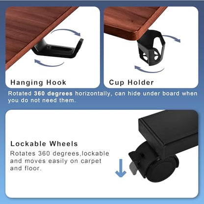 Electric Overbed Table with Wheels, Height Adjustable Bedside Sofa Couch Side Tables, C Shaped Mobile Standing Small Laptop Desk for Home Office, Dark Walnut - color: Dark Walnut