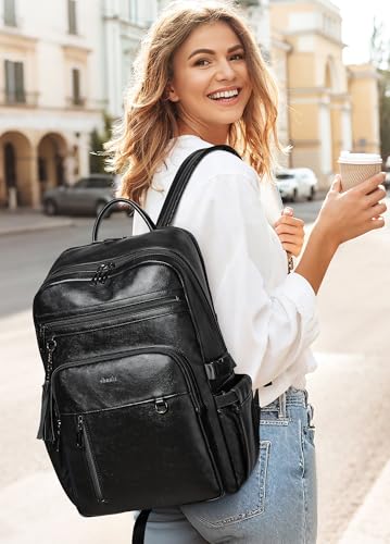 Shrrie Vegan Leather Laptop Backpack for Women,17 Inch Computer Backpack Purse for Work Business College Travel Teacher Nurse with Anti-theft Pocket & Giant Tumbler Holder Pocket,Black - color: Black