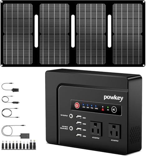 powkey 200W Portable Power Bank with Solar Panel 40W, 146Wh Power Station | Power Bank with AC Outlet 120V, High Eifficiency Waterproof Solar Panel Kit with Battery Bank for Outdoor Camping Home Backup - color: Black Grey