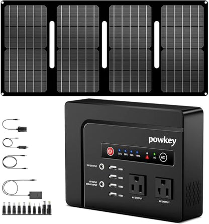 powkey 200W Portable Power Bank with Solar Panel 40W, 146Wh Power Station | Power Bank with AC Outlet 120V, High Eifficiency Waterproof Solar Panel Kit with Battery Bank for Outdoor Camping Home Backup - color: Black Grey