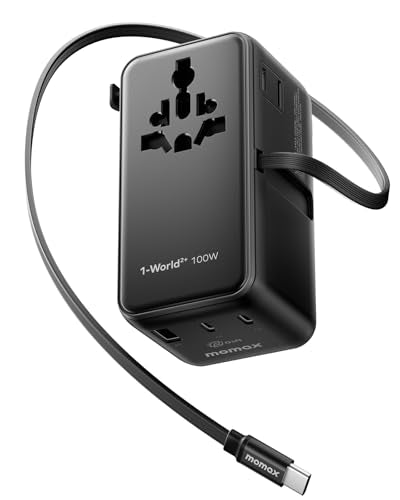 MOMAX 100W Universal Travel Adapter with USB-C Retractable Cable, 6-in-1 International Power Adapter, Dual-AC Plug Adapter PD Fast Charging Worldwide Wall Charger for US/UK/EU and Over 200 Countries - color: Black, size: 100W