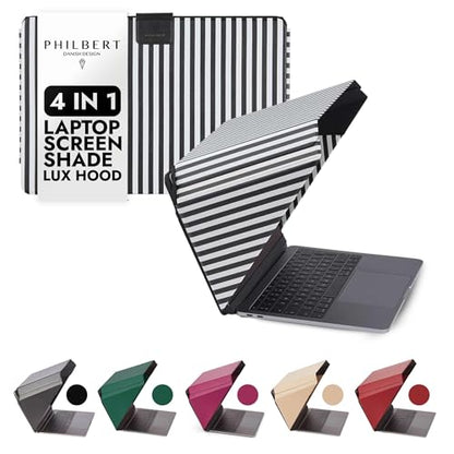 4-in-1 Laptop Screen Shade – Original Lux Hood – Sun, Privacy, Heat & Contrast Protection, Freestanding with Pocket, Fits 12–14” MacBook & PC, Patented, Striped - color: Striped, size: 12-14in