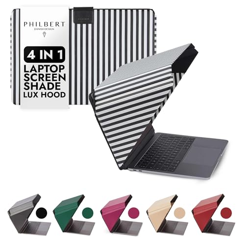 4-in-1 Laptop Screen Shade – Original Lux Hood – Sun, Privacy, Heat & Contrast Protection, Freestanding with Pocket, Fits 12–14” MacBook & PC, Patented, Striped - color: Striped, size: 12-14in