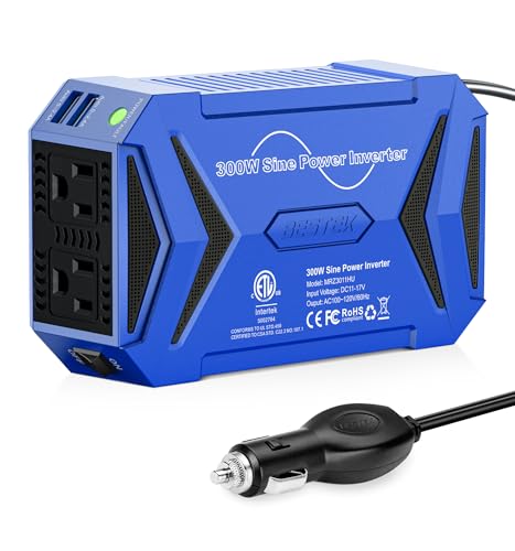 BESTEK Pure Sine Wave Power Inverter, 300W DC 12-17V to 110V AC Car Adapter | Vehicle Plug in Cigarette Lighter Outlet Solar Inverter, 4.8A Dual USB Fast Charging Ports for Phone, Laptop, CPAP(Blue) - color: Blue