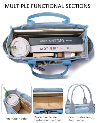 Canvas Tote Bag for Women,Women's Bags Crossbody Bags Work Laptop Tote Bag Large Handbags Purse for Travel Nurse Teacher - color: New Upgrade Light Blue With Compartments and Side Cup Holders