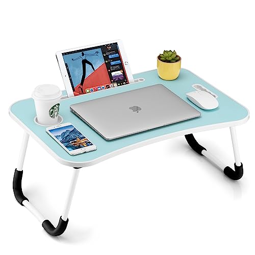 FISYOD Foldable Laptop Table, Portable Lap Desk Bed Table Tray, Laptop Stand with Cup Holder & Tablet Slot & Lifting Handle for Working Writing Drawing & Eating (Blue) - color: Blue