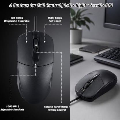 6 Pack Wired USB Silent Computer Mouse Bulk, 3 Button 1000 DPI Corded Mice for Laptop Desktop Home Office School Lab PC Gaming