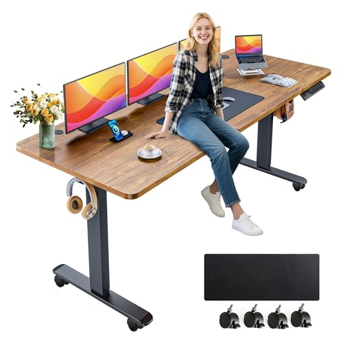 farexon Electric Standing Desk Adjustable Height, 63x24 Inches Computer Gaming Desk with Rolling Wheels, Mouse Pad,Multifunctional Stand up Desk for Home/Office(Brown) - color: Brown, size: 63 x 24''