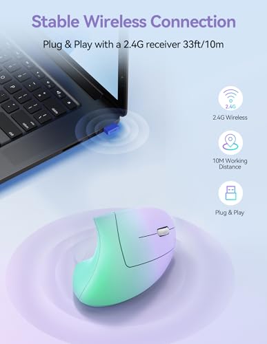 TECKNET Wireless Ergonomic Mouse, Rechargeable Wireless Vertical Mouse | Rechargeable, 2.4GHz USB Receiver, Silent Click, 6 Adjustable DPI up to 4800, 6 Buttons for Laptop, PC, Green and Purple - color: Green and Purple