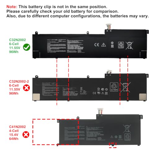 C32N2002 96Wh 6-Cell Laptop Battery Compatible with Asus ZenBook Pro 15 UX535 UX535LI UX564PH Flip 15 UX535LI UX564EH UX564EI UX564PH Series Notebook 0B200-03770000 11.55V 8380mAh - size: 12.40*3.34*0.28inch C32N2002