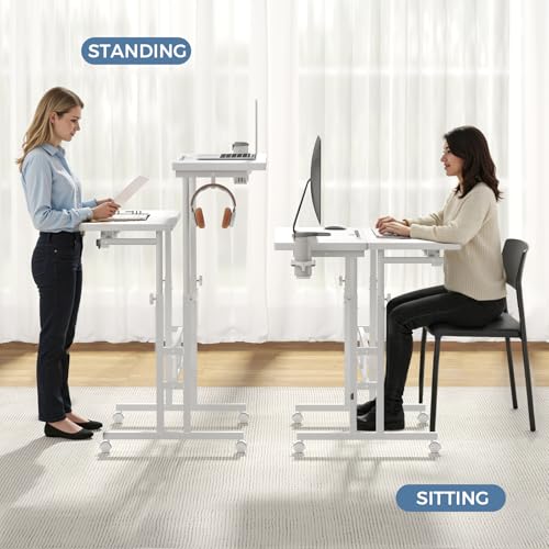 DUMOS Rolling Standing Desk, Sit Stand Desk, Computer Cart | Manual Height Adjustable, Split Top Mobile, Laptop Workstation, Portable Home Office, Walking Pad Study Surface, White - color: White