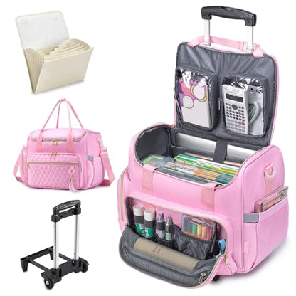 Rolling Laptop Bag 17.3 Inch 3 IN 1 Rolling Briefcase for Women Waterproof Teacher Tote Bag With Wheels - color: Pink Set