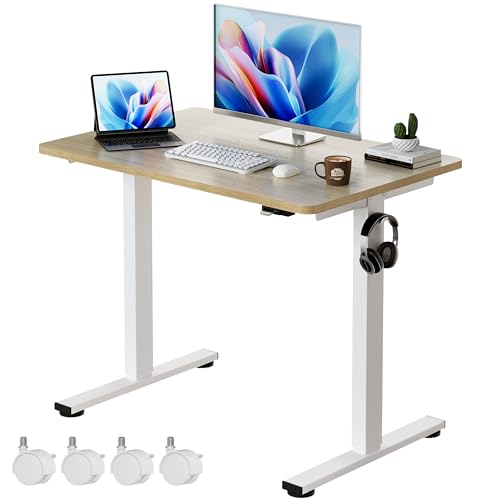 Okin Electric Standing Desk, 40 x 24 Inches Whole Piece Height Adjustable Desk, Oak Sit to Stand Desks Computer Workstation with Wheels for Home Office - color: Oak+casters, size: 40 Inch