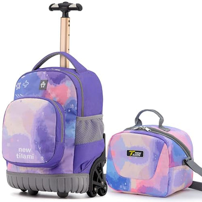 NEW TILAMI 16 Inch Rolling Backpack with Lunch Bag for Girls Boys School | 6-Wheel Stair-Climbing Girls Boys Carry-on Suitcase Water-Resistant Adjustable Trolley Handle Wheels School Travel Camping - color: Purple Watercolor