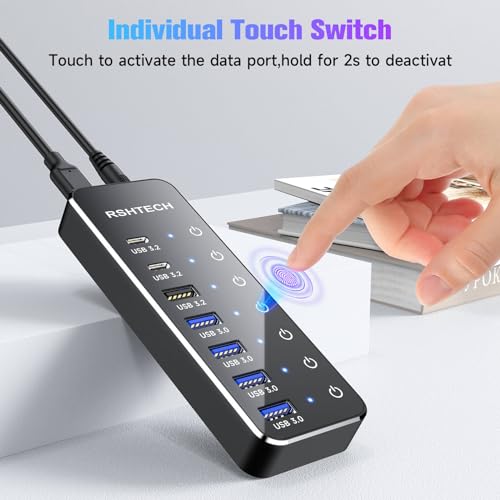 RSHTECH 7-Port Powered USB C Hub 10Gbps with 3 USB 3.2, 4 USB 3.0 Ports + 4 Ports USB A/USB C Hub 10Gbps