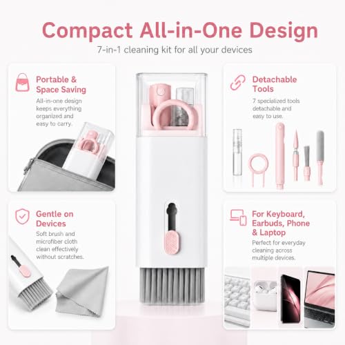 Electronics Cleaning Kit, Keyboard Brush, Earbud Cleaner Tool, Phone Screen Cleaner, Portable Dust Removal Set for Computers, Laptops, Tablets, Phones, Headphones - color: Pink