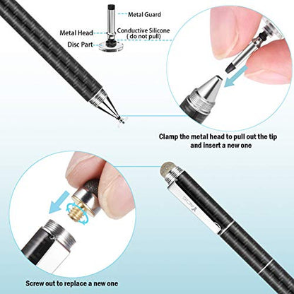 Capacitive Stylus Pen, 4-in-1 High Sensitivity and Precision Touch Screen Stylus Clear Disc Tip,Black Rubber Tip &Mesh Fiber Tip Compatible with Universal Touch Screen Device,Black - color: Black