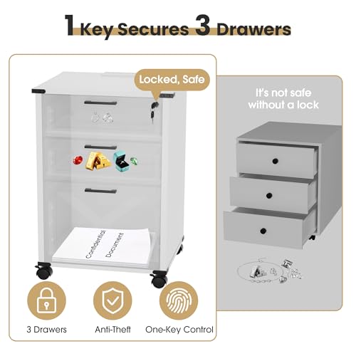 Onelike Small Wood File Cabinet with Charging Station and Lock, 3 Drawers | Built-in 2 AC, USB & Type-C; 1 lock secures 3 drawers; Nightstand, Printer stand and Mobile under-desk cabinet; White - style: 3 Drawers