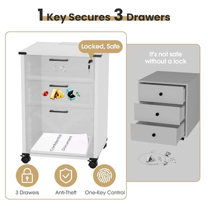Onelike Small Wood File Cabinet with Charging Station and Lock, 3 Drawers | Built-in 2 AC, USB & Type-C; 1 lock secures 3 drawers; Nightstand, Printer stand and Mobile under-desk cabinet; White - style: 3 Drawers