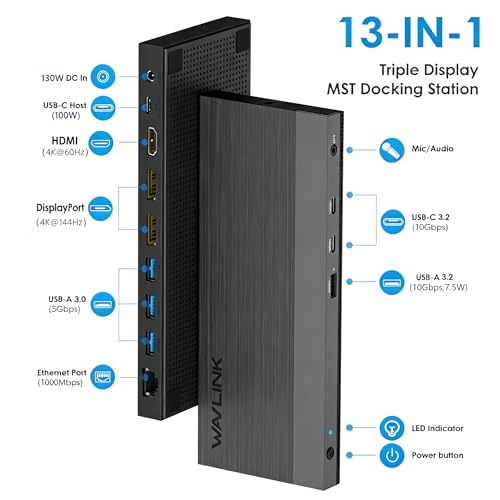 Laptop Docking Station, Docking Station 3 Monitors with 2* DP+HDMI, 4K@144Hz,130W PD Charger, USB-C/A 10Gb, 3* USB-A 5Gb, Audio, Gigabit Ethernet for Lenovo HP Dell, Windows System Computer