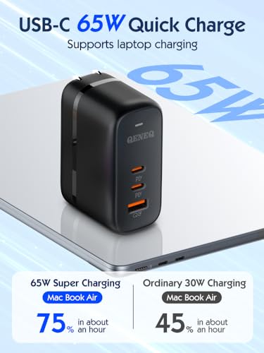 GaN 65W USB C Charger 3 Port Fast Charging Block Travel Charger Wall Charger Universal Travel Adapter EU UK Plug Adapter for MacBook iPad Pro/Air iPhone 15 16 Samsung S24 Laptop Steam Deck