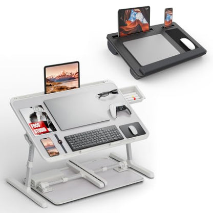 Potuopy 2 Pack Lap Desk Bundle, Adjustable Foldable Tray with Drawer & Cushioned Lap Pad with Wrist Pad Fits 17" Laptop (Grey & Black)