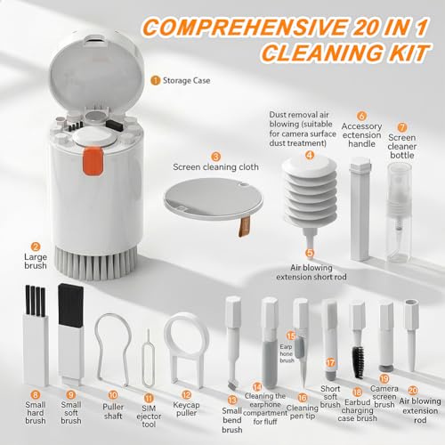 20 in 1 Multifunctional Cleaner Kit for Electronic Devices, Keyboard Cleaning Brush, Headphones Cleaner Kit for AirPods, Multi-Tool for Cleaning Laptop, Earbuds, Camera, Cellphones,White - color: white