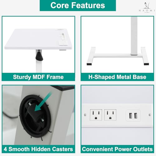 Naomi Home Adjustable Overbed Table with Charging Station, Rolling Hospital Bedside Table with Wheels, Height Adjustable Bed Desk for Laptop, Meals & Recovery Care White - color: White