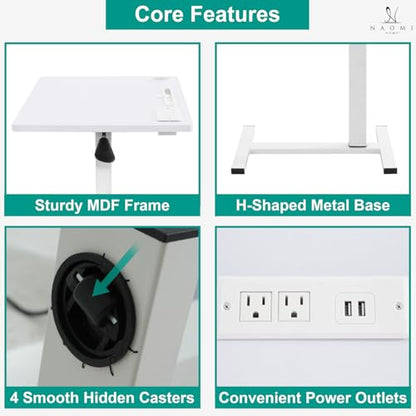 Naomi Home Adjustable Overbed Table with Charging Station, Rolling Hospital Bedside Table with Wheels, Height Adjustable Bed Desk for Laptop, Meals & Recovery Care White - color: White