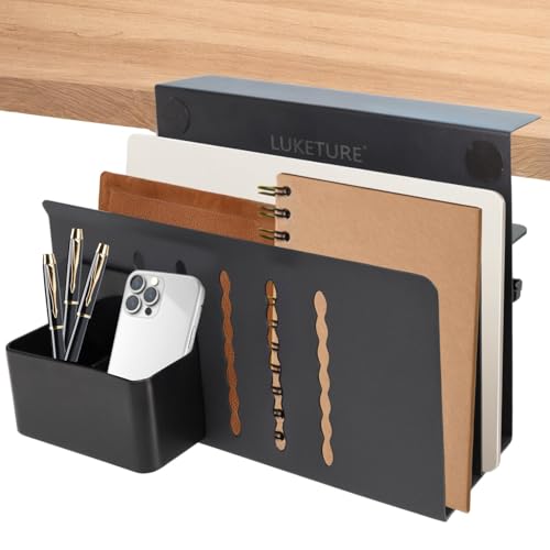 LUKETURE 2 Tier Desk Side Storage, No Drill Laptop Mount with Pen Holder | Fits Flat Edge Desks 0.3 to 2.8 Inches,Secure Grip on Wood, Glass, or Metal Surfaces Without Slipping - color: Black(2 Tie)