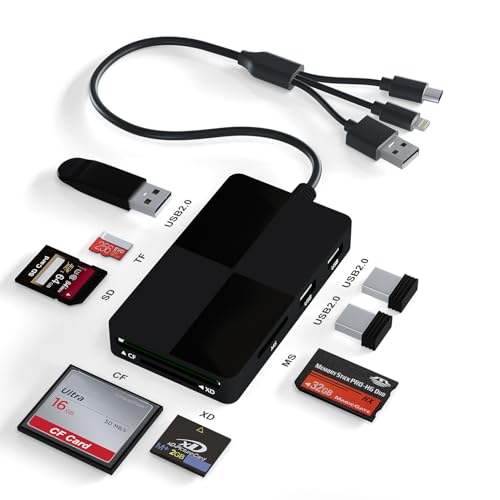 Memory Stick pro Duo Adapter Reader - 8 in 1 SD/TF/MS/CF/XD Card Reader with 3 USB 2.0 Ports for iPhone/Computer/USB-C Device, Built-in 3-in-1 Connector (Lightning, USB-C and USB-A), Plug & Play