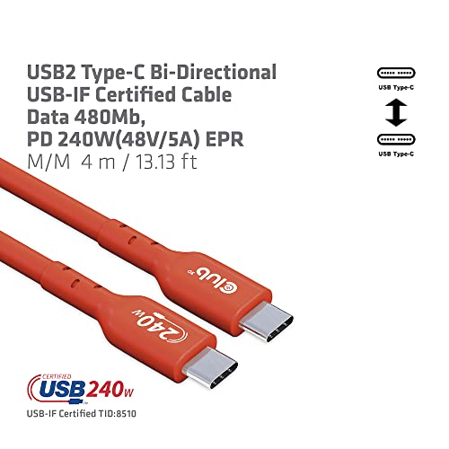 Club 3D CAC-1515 USB2 Type C to Type C Certified Bi-Directional Cable with 240W Charging, 480Mb Data Transmission EPR 4m -13.13ft - size: 4m -13.13ft