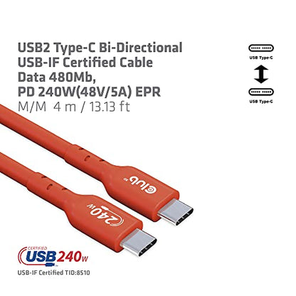 Club 3D CAC-1515 USB2 Type C to Type C Certified Bi-Directional Cable with 240W Charging, 480Mb Data Transmission EPR 4m -13.13ft - size: 4m -13.13ft