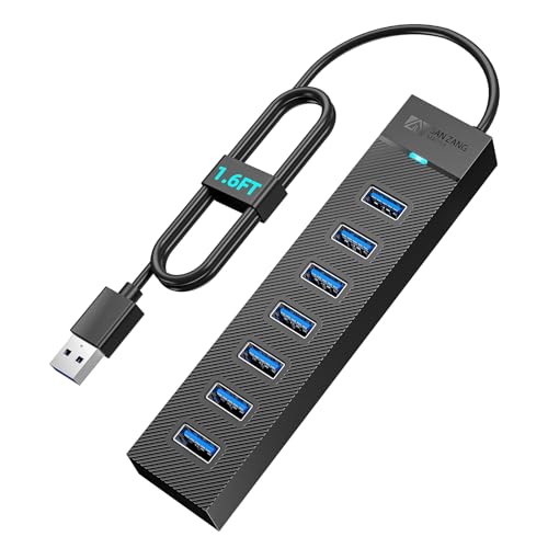7 Ports USB Hub 3.0, SAN ZANG MASTER USB 3.0 Hub, 5Gbps HighSpeed Data USB Extender for Laptop, USB Flash Drive, Mobile HDD, Printer, Camera, Keyboard, Mouse, Windows/XPS (1.6FT)（50cm） - size: 1.6FT