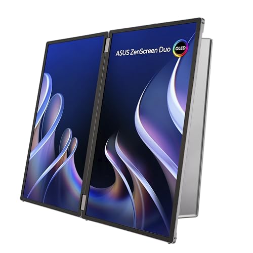 ASUS ZenScreen Duo OLED 360° Foldable Portable Monitor (MQ149CD) - Dual 14-inch, 16:10, 1920x1200, DisplayHDR400 True Black, 100% DCI-P3, Delta<2, Dual USB-C, Mini-HDMI, Kickstand, 3 yr Warranty - style: 14" Duo OLED Fodable USB-C