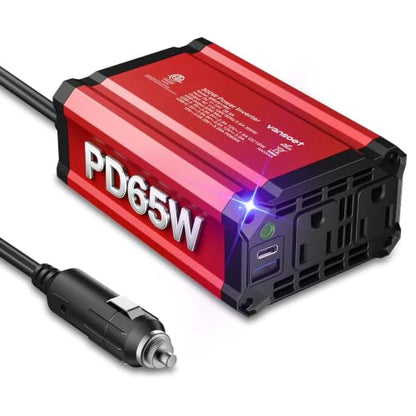 【2026 Upgraded】 300W Car Power Inverter - vansoet DC 12V to 110V AC(2 Outlets) Power Inverters with PD65W & QC18W Fast Charging Port - Car Charger Cigarette Lighter Adapter for Laptop/Phone/Road Trip - color: Red-65