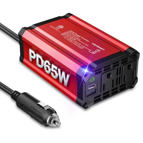 【2026 Upgraded】 300W Car Power Inverter - vansoet DC 12V to 110V AC(2 Outlets) Power Inverters with PD65W & QC18W Fast Charging Port - Car Charger Cigarette Lighter Adapter for Laptop/Phone/Road Trip - color: Red-65