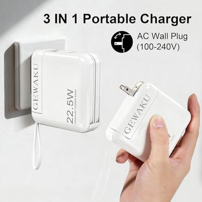 Detachable Wall Plug Portable Charger 15000mAh Power Bank 22.5W | Fast Charging Built-in Cables, 3-in-1 Compact USB-C Battery Pack Travel Essentials for iPhone 17,iPad, Android, Samsung - color: White