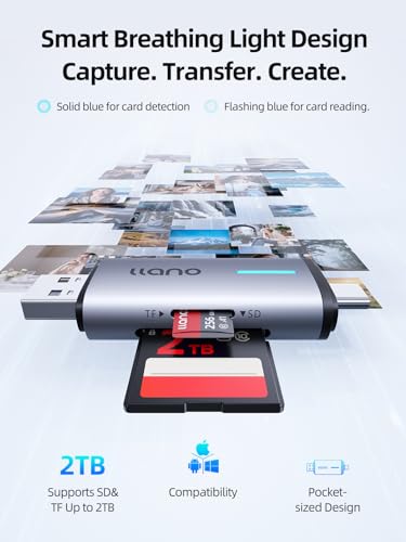 llano Micro SD Card Reader, 2 in 1 SD 3.0 Card Reader 5Gbps Photographers | USB-C Dual Slots Plug & Play Portable for MicroSD, SDHC, SDXC, iPhone 17/16/15, MacBook, iPad, Android, Computer