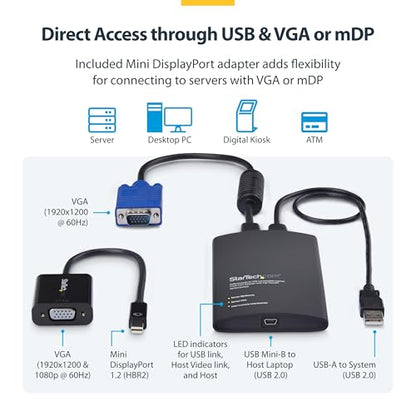 StarTech Crash Cart Adapter, USB/VGA/Mini DP, TAA (NOTECONS02-VGA-MDP) | USB/VGA KVM console, File transfer & video capture, Mini DP adapter, BIOS-level control, Self-powered, Win/Linux/macOS