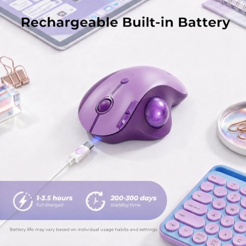 seenda Wireless Trackball Mouse, Ergonomic Bluetooth Rollerball Mice,Purple | USB-C rechargeable, 3-device Bluetooth+2.4G USB, thumb control, 5-level DPI and space-saving comfort for laptop, PC and Mac. - color: Purple