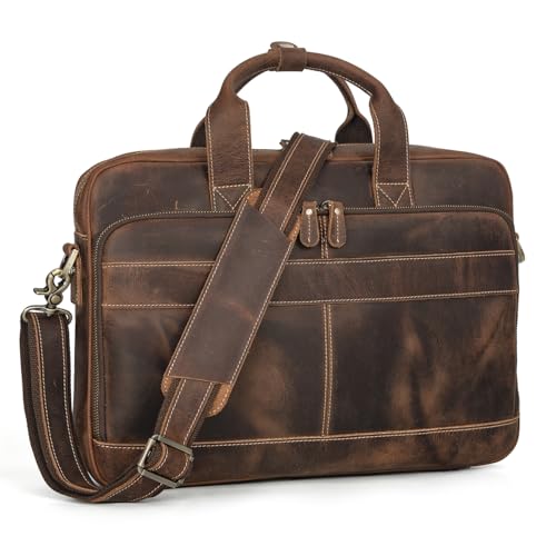 Augus Leather Briefcase for Men, 16 Inch, Full-Grain Leather, YKK Zipper - color: Brown-1