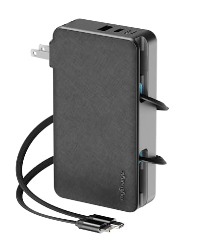 myCharge RetractaCharger+ 10000mAh Portable Power Bank - 28" Retractable 1 USB-C & 1 Lightning Cables | Built-in Wall Plug | Digital Display | USB-C/A Ports | Up to 60 Hours of Power | Black - size: USB-C & Lightning Cables