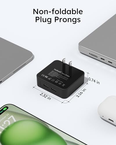 Nekmit Dual USB C Wall Charger, 50W PD PPS Fast USB Charger Block with 2 USB-C Ports, Flat USB C Wall Plug Adapter with Fixed Prongs for iPhone 17/16, MacBook Air, iPad and More (Black) - color: Black
