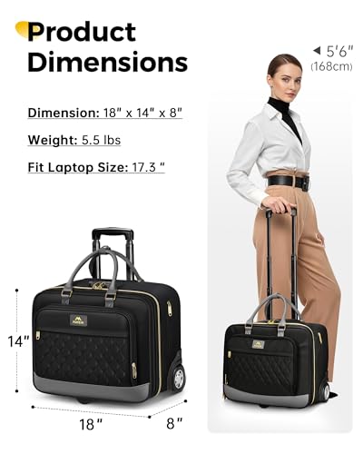 MATEIN Personal Item Rolling Briefcase with Large Wheels, Airline Approved Rolling Laptop Bag Women Men Roller Computer Bag 17.3 Inch, 18x14x8 Anti Theft Underseat Carry On Luggage for Travel Work