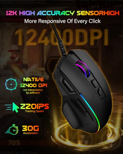 X49 Wired Computer Gaming Mouse,Rapid Fire Key,12K Sensor,Native 12400 DPI | 1ms Quick Response,20M Click Lifespan,105g Lightweight,RGB Backlit, 5.9Ft USB A Corded Gamer Mice, Ergonomic PC Maus,Black