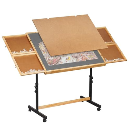 Solid Wood Jigsaw Puzzle Table with Drawers & Lockable Wheels, Tilting Puzzle Board 0-90° Adjustable, 1500 Pieces Puzzle Board with Legs, 37.4” x 27.9“ Portable Puzzle Table with Legs - color: Grey