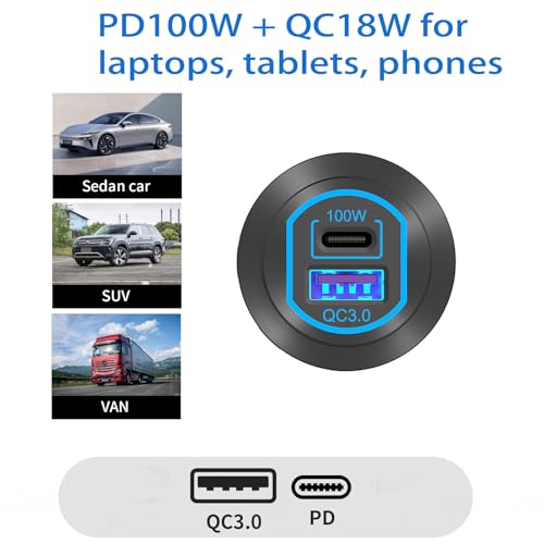 12V USB Outlet PD 100W USB C and QC3.0 18W Port Aluminum Car Charger Socket for Laptops Tablets Phones, Cigarette Lighter Replacement Car Accessories DIY for RV Camper Truck Boat Golf