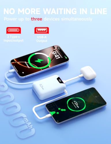 M2 Portable Charger, 20000mAh Power Bank, PD 35W Ultra Fast USB-C Built-in Cable, Compact Cute Mini External Battery Pack for iPhone, Samsung, Android iPad (Blue) - color: blue