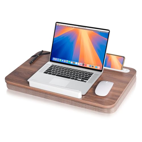 wishacc Lap Desk with Cushion and Hidden Book Clips, Wooden Bed Desk for Laptop and Writing, Cushioned Laptop Tray for Couch, Portable Lap Desk for Adults, Car Laptop Couch Table (Fits up to 17") - color: Walnut, size: Medium 21*13 in